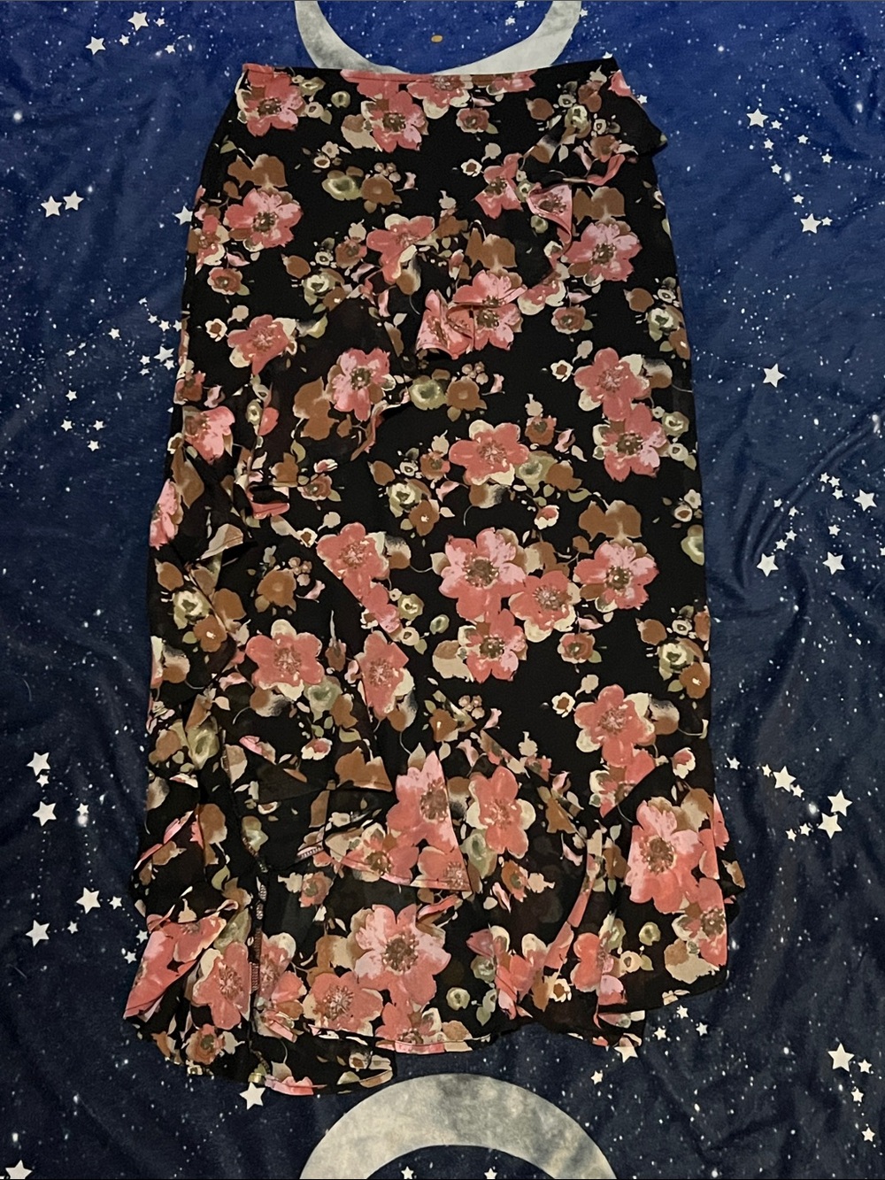 Floral Ruffle Hem Midi Skirt - Black with Pink Floral